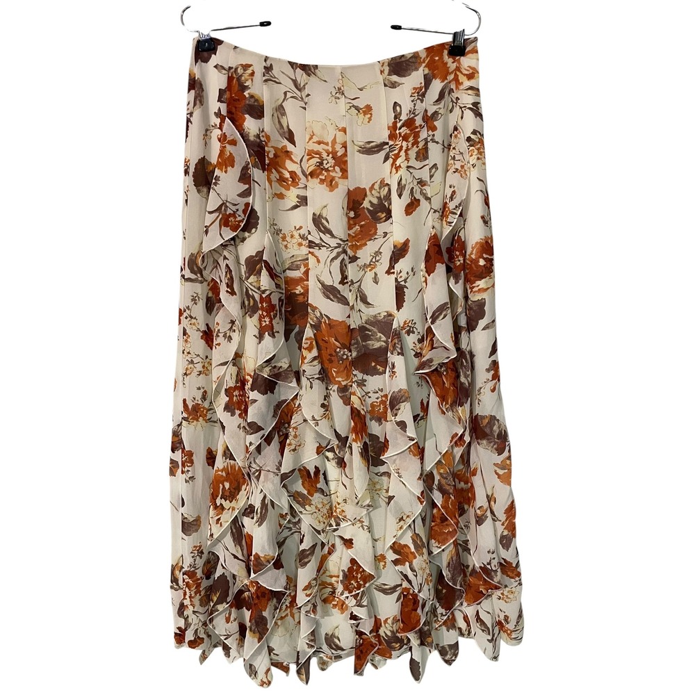 Milk + Honey Floral Ruffle Maxi Skirt Brown Cream‎ Boho Cottage Fall Retro M NEW